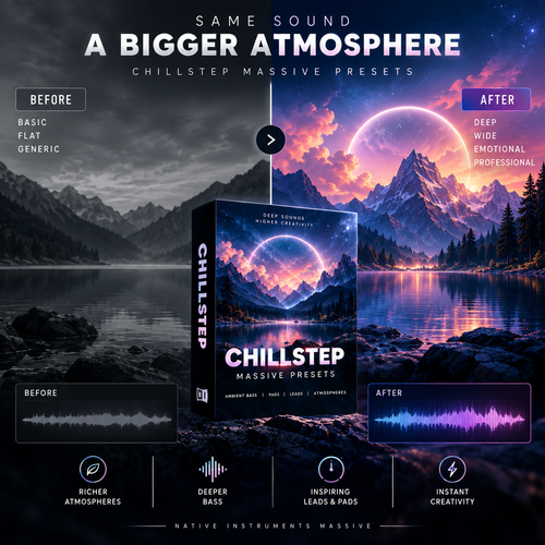 Promotional graphic for Chillstep Massive Presets showing a software box mockup centered over a dramatic mountain-and-lake landscape with a glowing moon. Text reads 'Same Sound A Bigger Atmosphere' and includes Before/After waveform comparisons and feature callouts.