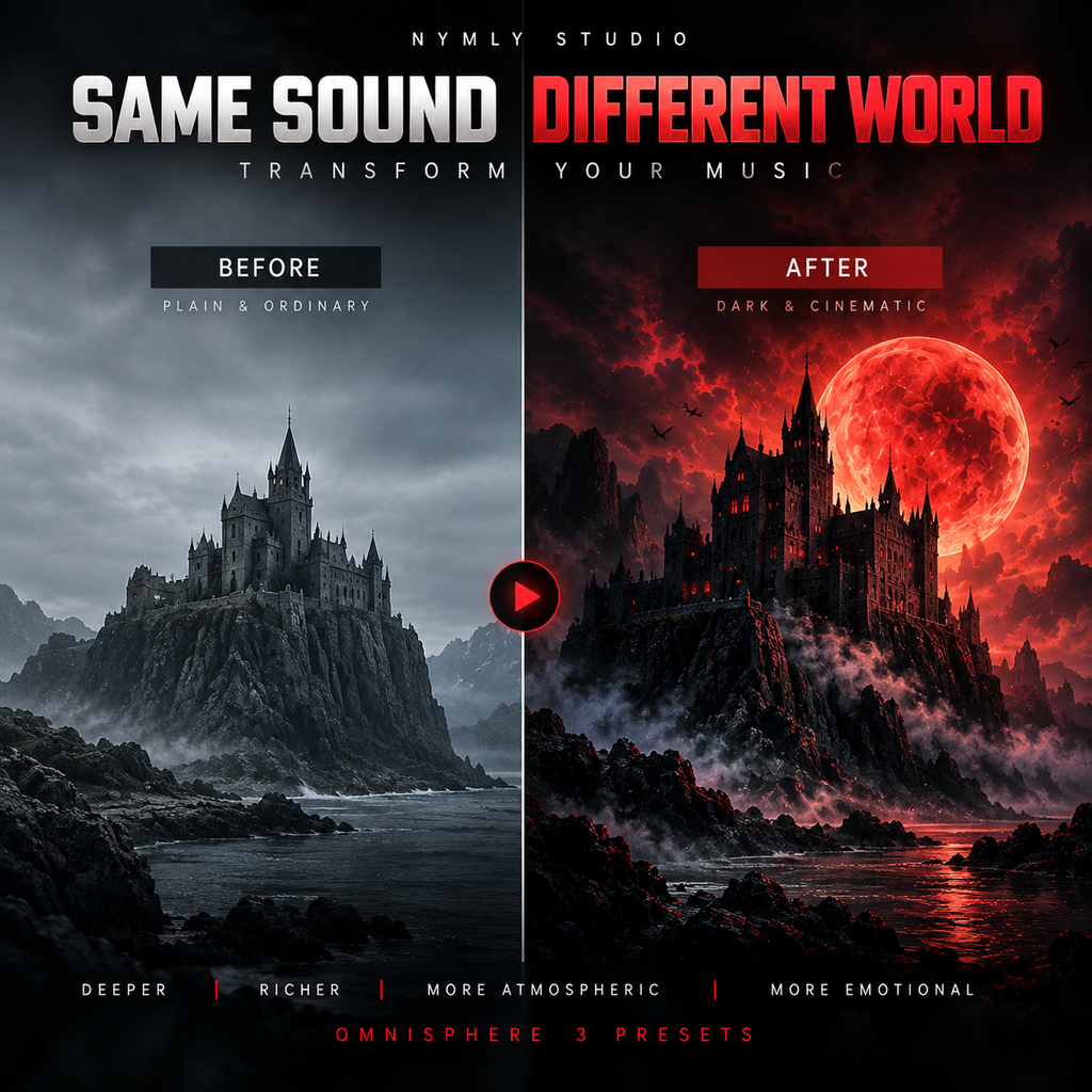 Promotional graphic for Omnisphere 3 presets by Nymly Studio, showing a split-screen comparison of a gothic castle on a rocky cliff. The left side, labeled 'Before', is in muted grayscale tones.
