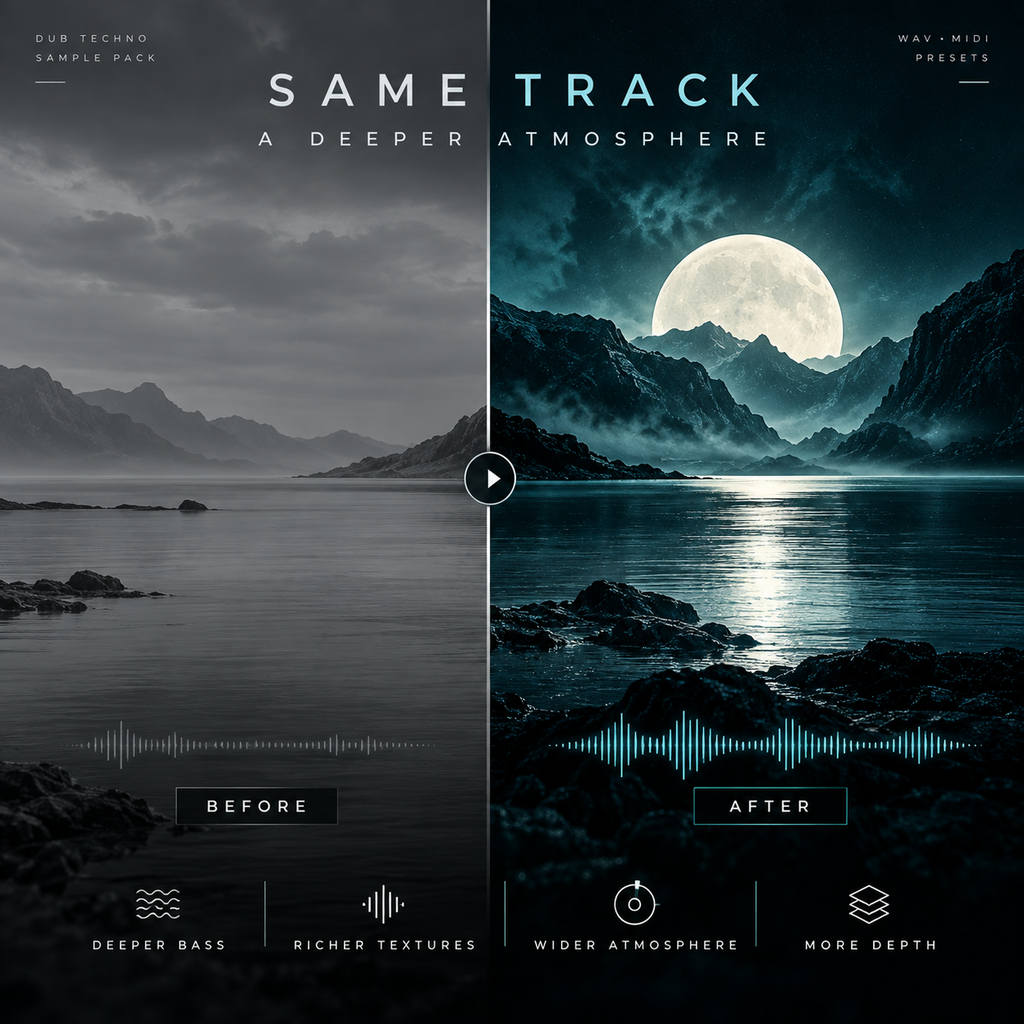 A split-screen promotional graphic for a sound effect or audio sample pack titled 'SAME TRACK: A DEEPER ATMOSPHERE' by Max-Midi Presents. The left side shows a moody grayscale mountain lake scene labeled 'BEFORE,' and the right side shows the same scene enhanced with blue tones, a bright moon, and stronger atmospheric depth labeled 'AFTER.