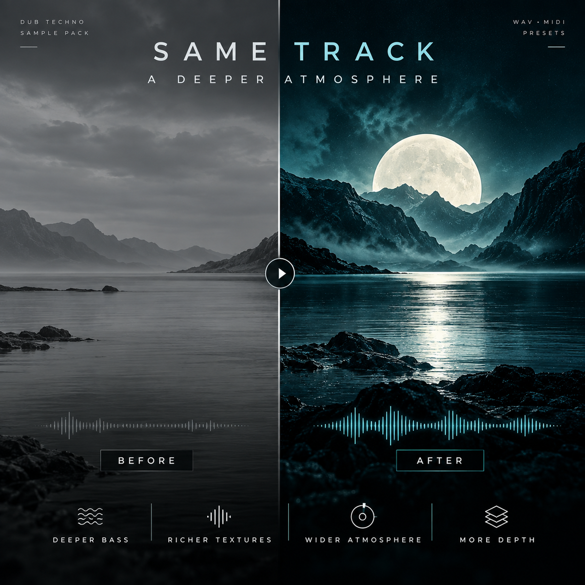 A split-screen promotional graphic for a sound effect or audio sample pack titled 'SAME TRACK: A DEEPER ATMOSPHERE' by Max-Midi Presents. The left side shows a moody grayscale mountain lake scene labeled 'BEFORE,' and the right side shows the same scene enhanced with blue tones, a bright moon, and stronger atmospheric depth labeled 'AFTER.