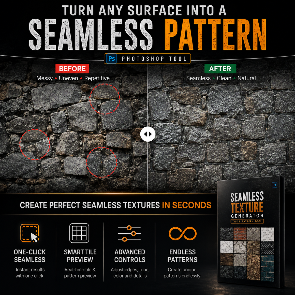 Promotional graphic for a Photoshop seamless texture generator, showing a stone wall sample before and after processing, with feature callouts and a software cover on a dark background.