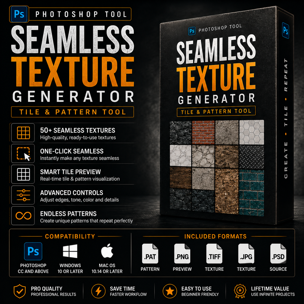 Seamless texture generator for Photoshop with 50+ textures, one-click tiling, advanced controls, compatibility, and file formats.