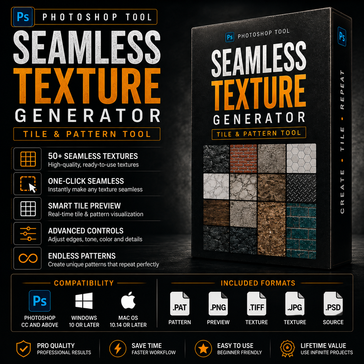 Seamless texture generator for Photoshop with 50+ textures, one-click tiling, advanced controls, compatibility, and file formats.