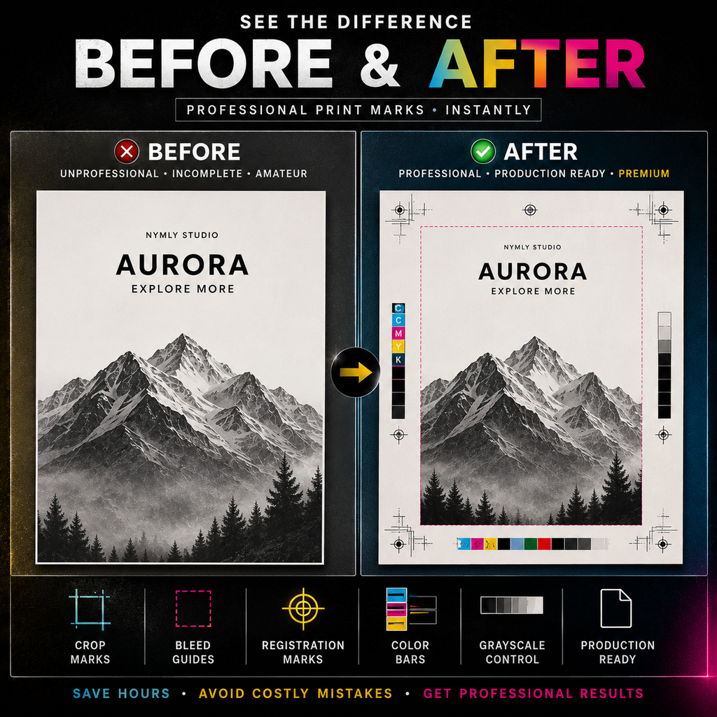 A promotional comparison graphic showing a mountain poster design labeled BEFORE and AFTER. The left side shows an unprofessional amateur version with a red X and missing marks; the right side shows a polished professional version with a green check, framing guidelines, color bars, and production-ready details.