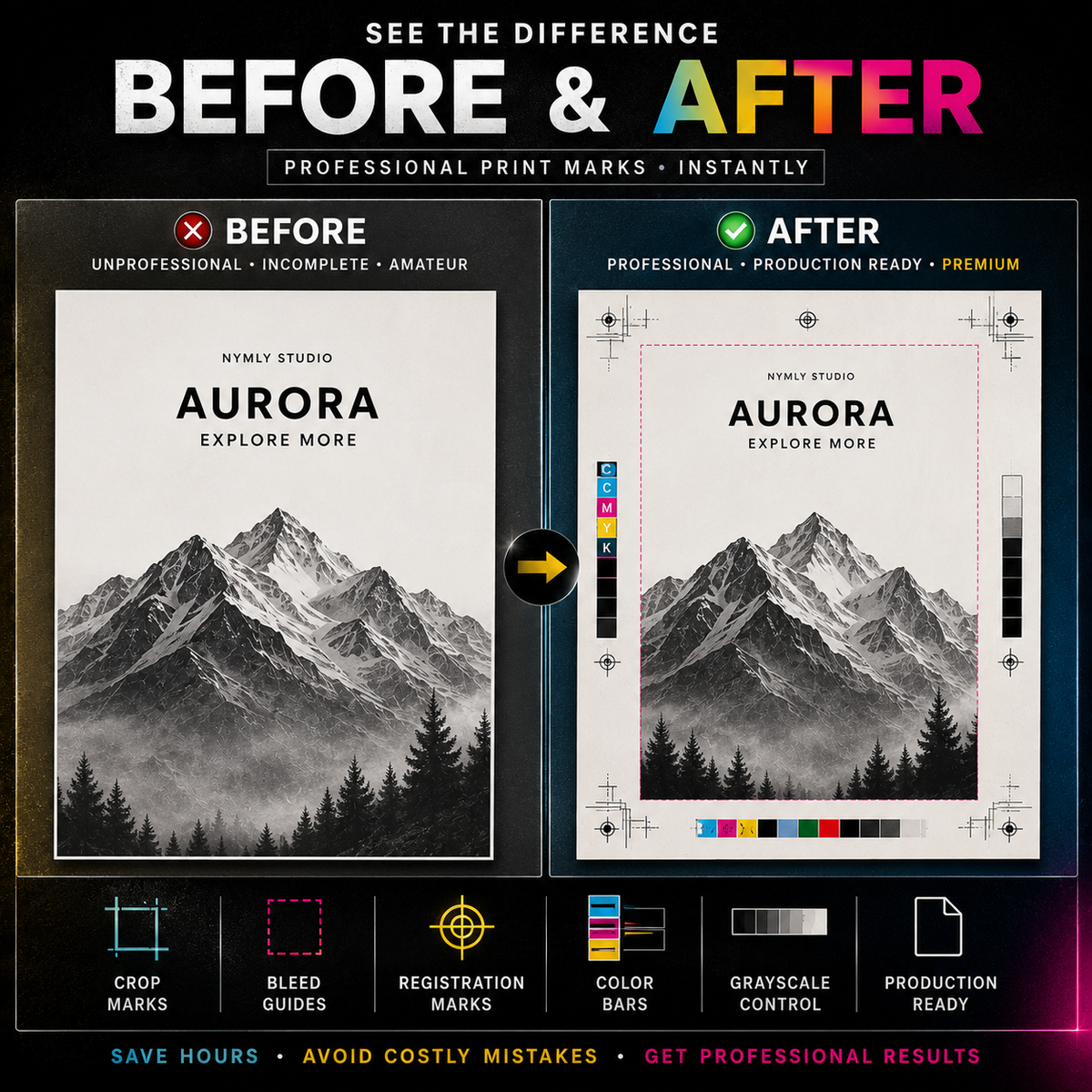 A promotional comparison graphic showing a mountain poster design labeled BEFORE and AFTER. The left side shows an unprofessional amateur version with a red X and missing marks; the right side shows a polished professional version with a green check, framing guidelines, color bars, and production-ready details.