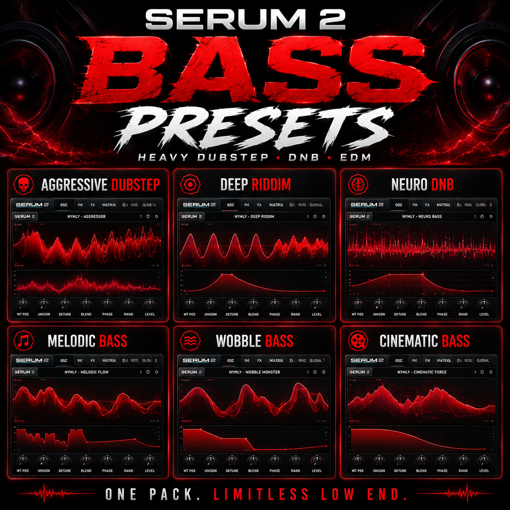 Promotional graphic for Serum 2 Bass Presets, featuring six preset panels labeled Aggressive Dubstep, Deep Riddim, Neuro DNB, Melodic Bass, Wobble Bass, and Cinematic Bass with red waveform graphics on a black background.