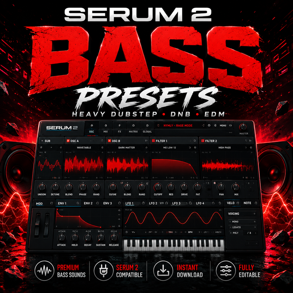 Promotional graphic for Serum 2 Bass Presets, featuring a large red and white 'BASS PRESETS' title over a dark red and black background with speaker graphics. In the center is a screenshot of the Serum 2 software synthesizer interface with red waveform graphics and a keyboard at the bottom.