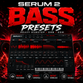 Promotional graphic for Serum 2 Bass Presets, featuring a large red and white 'BASS PRESETS' title over a dark red and black background with speaker graphics. In the center is a screenshot of the Serum 2 software synthesizer interface with red waveform graphics and a keyboard at the bottom.