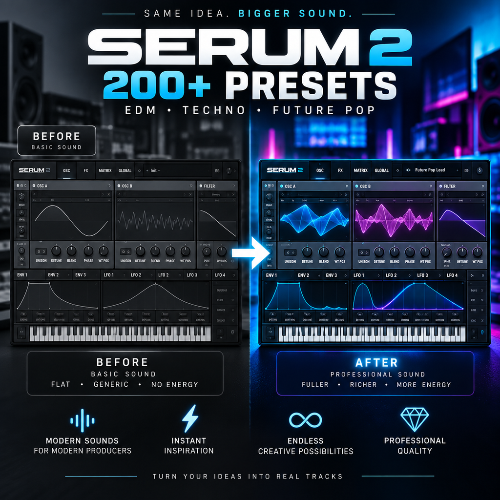 Promotional graphic for Serum 2, a digital audio workstation preset pack. The image features a side-by-side comparison of a virtual DAW interface labeled 'BEFORE' in grayscale and 'AFTER' glowing with blue and purple tones, set against a dark, neon-lit background.