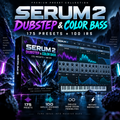 Promotional graphic for Serum 2 Dubstep & Color Bass preset pack, showing a stylized software box and a virtual DAW interface with neon purple and blue graphics on a dark sci-fi rock background. Text highlights 175 presets, 100 IRS, and heavy modern creative production.