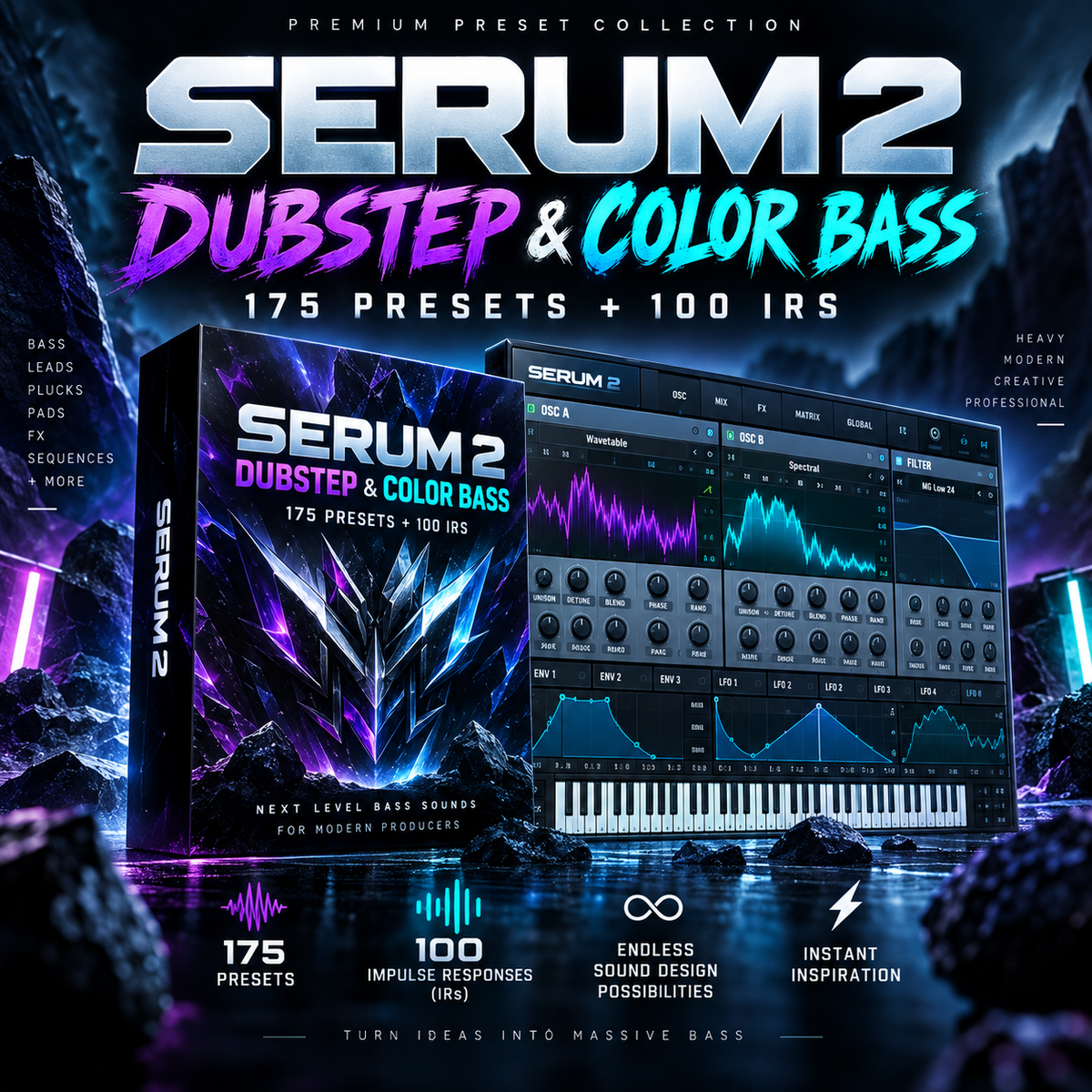 Promotional graphic for Serum 2 Dubstep & Color Bass preset pack, showing a stylized software box and a virtual DAW interface with neon purple and blue graphics on a dark sci-fi rock background. Text highlights 175 presets, 100 IRS, and heavy modern creative production.