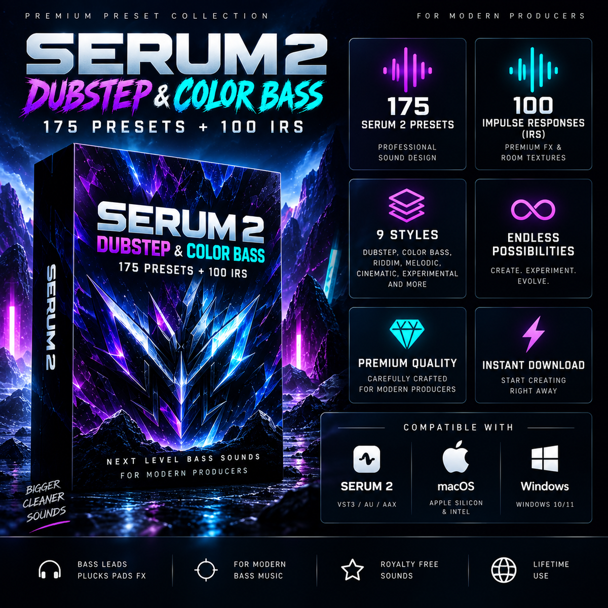 Promotional graphic for Serum 2 Dubstep & Color Bass presets, showing a stylized software box on a neon purple landscape with feature callouts and compatibility logos for VST3, VST2, Apple Silicon, and Windows.