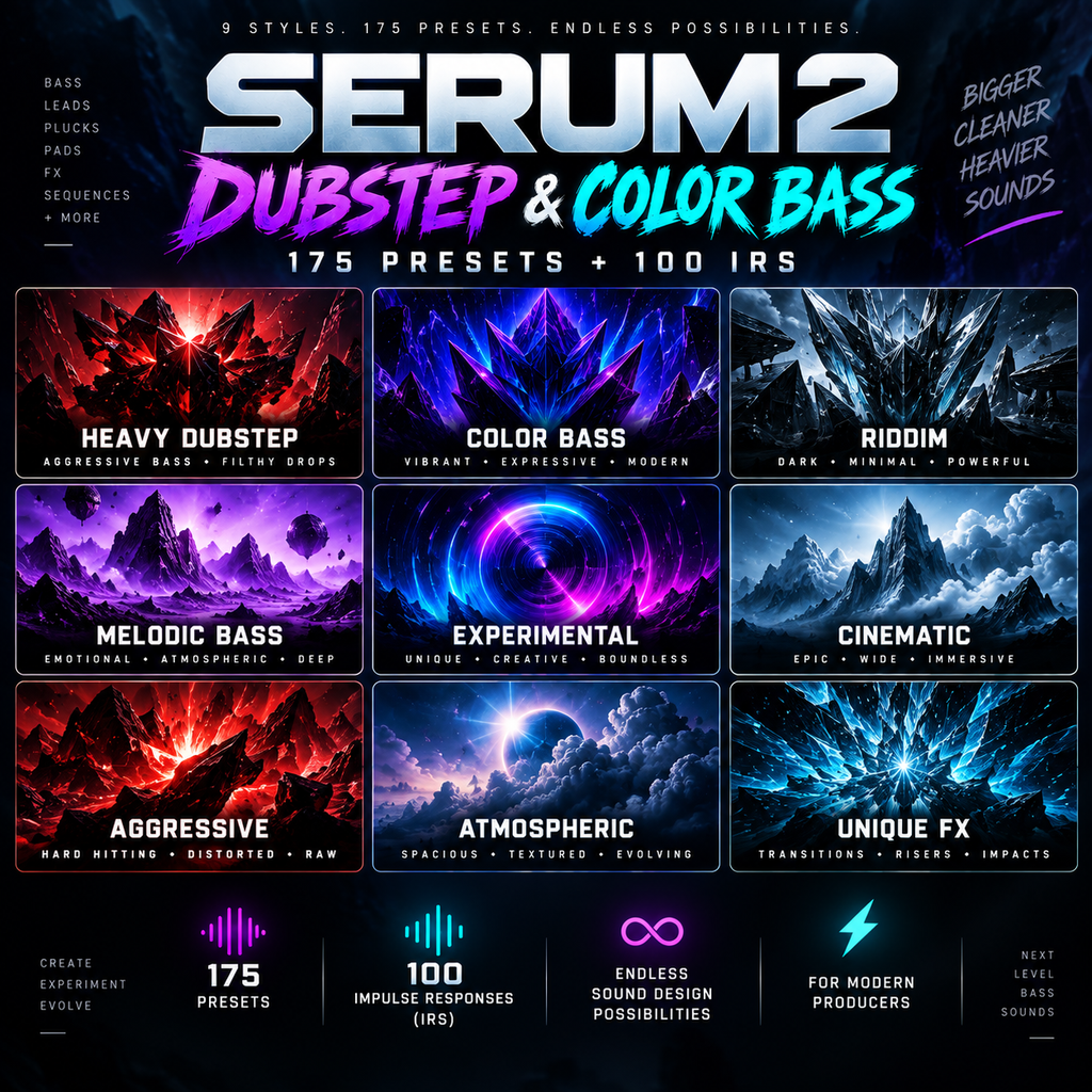 Promotional graphic for Serum 2 Dubstep & Color Bass, showing a grid of nine preset/genre panels including Heavy Dubstep, Color Bass, Riddim, Melodic Bass, Experimental, Cinematic, Aggressive, Atmospheric, and Unique FX. Large text at the top reads 'SERUM 2 DUBSTEP & COLOR BASS' with '175 PRESETS + 100 IRS' below.