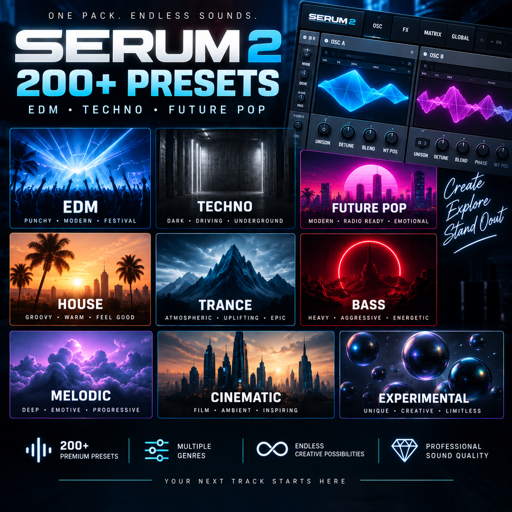 Promotional graphic for Serum 2 presets, showing the Serum software interface at the top and a grid of eight genre tiles below labeled EDM, Techno, Future Pop, House, Trance, Bass, Melodic, Cinematic, and Experimental. Large text reads 'SERUM 2', '200+ PRESETS', and 'EDM • TECHNO • FUTURE POP'.