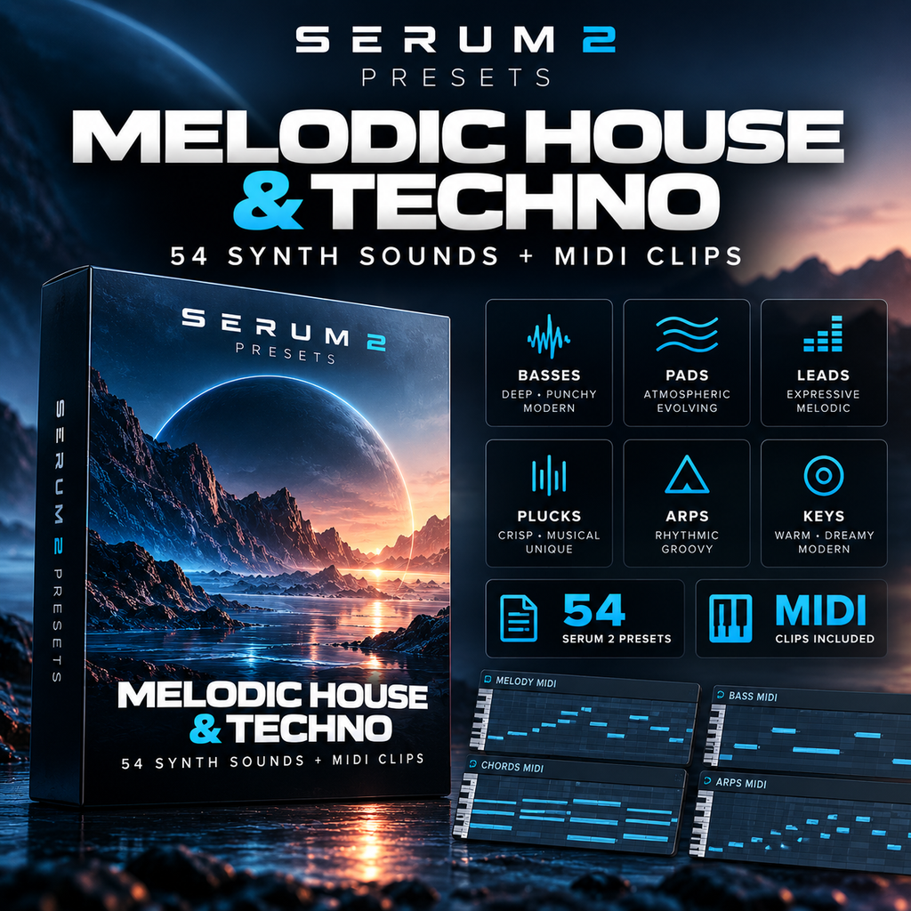 Promotional graphic for Serum 2 Presets Melodic House & Techno, showing a software preset pack box cover with a sci-fi landscape, feature callouts, and sample clip panels on a dark futuristic background.