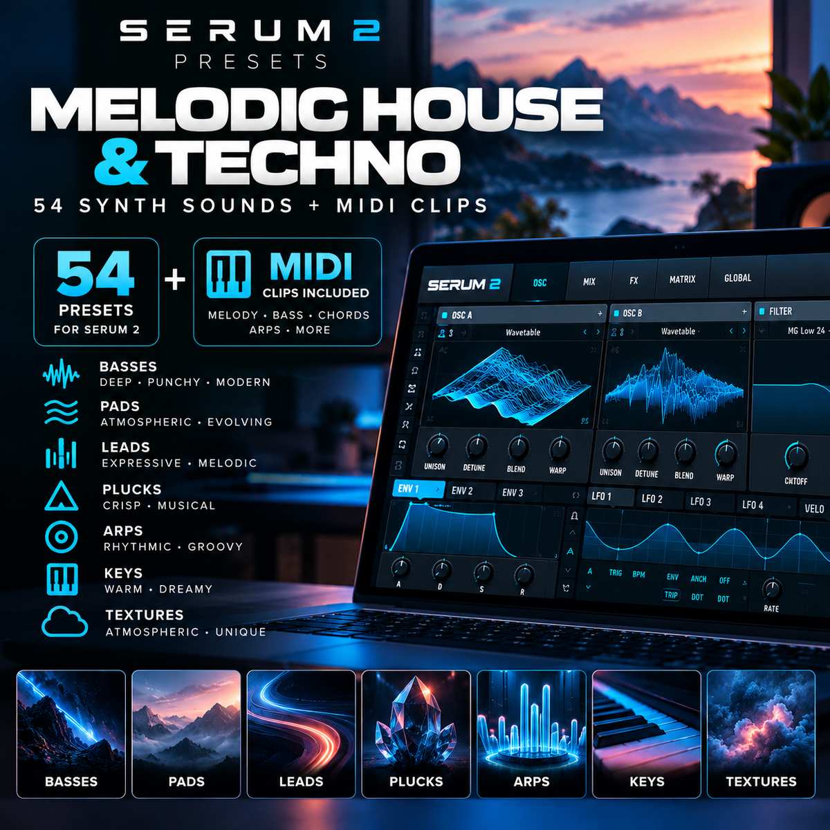Promotional graphic for Serum 2 presets titled 'Melodic House & Techno', showing a laptop with a dark synth interface, large text listing 54 presets and MIDI clips, and a row of colorful effect icons and preview tiles along the bottom.