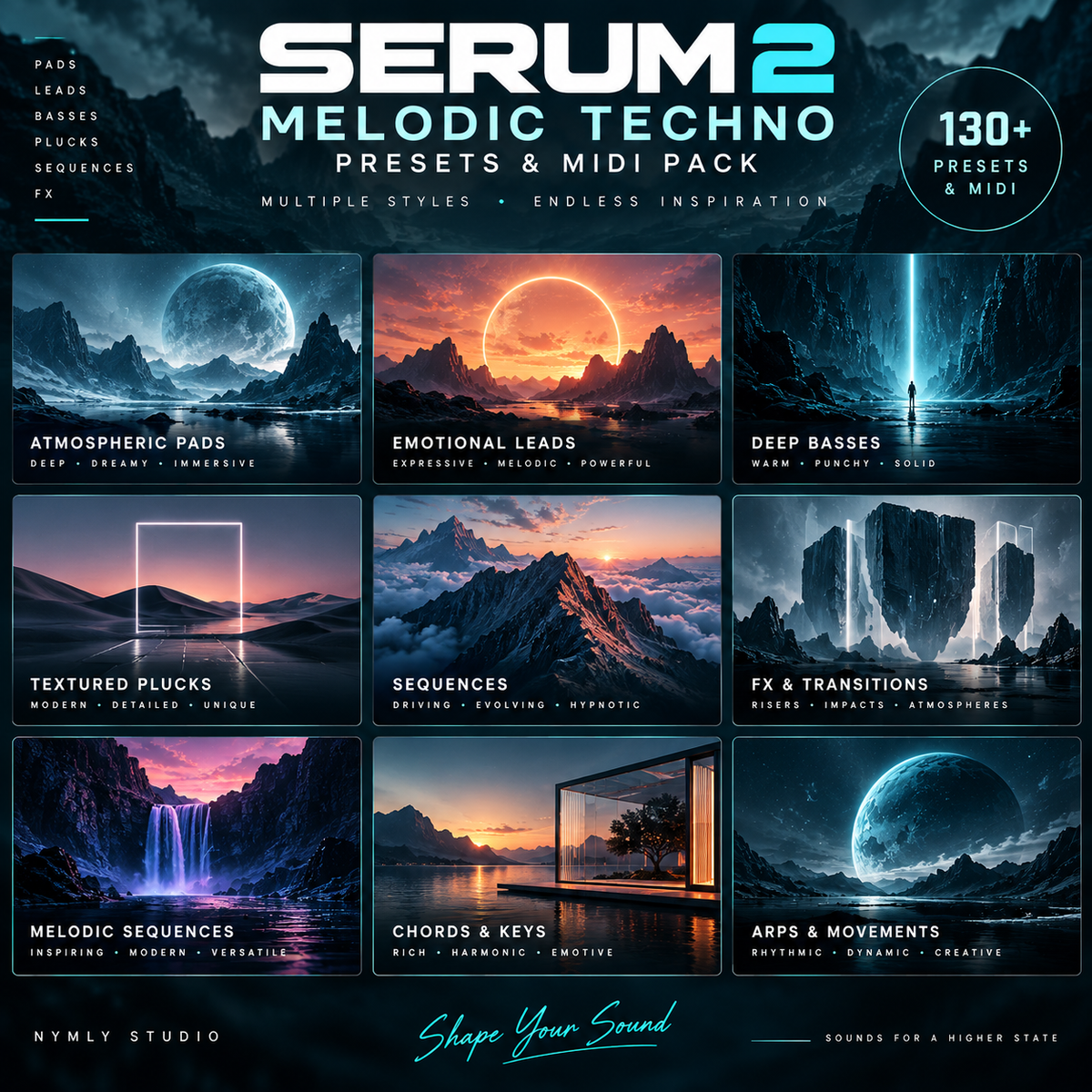 Promotional graphic for Serum 2 Melodic Techno Presets & MIDI Pack by Nymly Studio, showing a 3x3 grid of sci-fi and atmospheric music production panels with text such as Atmospheric Pads, Emotional Leads, Deep Basses, Textured Plucks, Sequences, FX & Transitions, Melodic Sequences, Chords & Keys, and Arps & Movements. A circular badge says 130+ presets & midi.