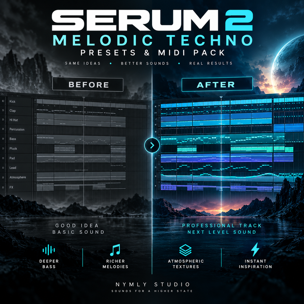 Promotional graphic for 'Serum 2 Melodic Techno Presets & Midi Pack' by Nymly Studio, showing a before-and-after comparison of digital audio workstation tracks with glowing blue interface elements over a dark sci-fi landscape and moon background.