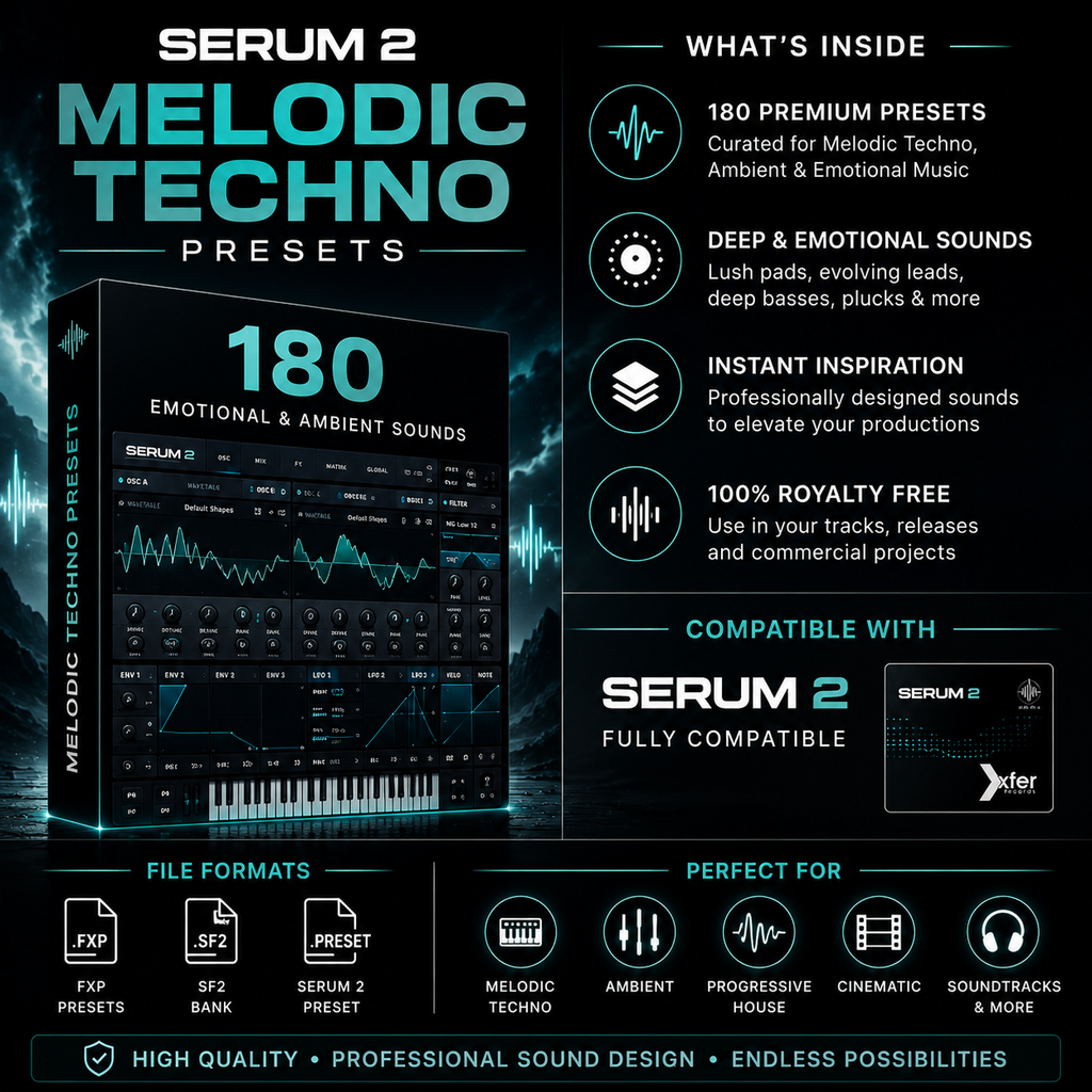 Promotional graphic for Serum 2 Melodic Techno Presets, showing a dark synthesizer interface box, teal and black text blocks, preset icons, compatibility with Serum 2, and file format icons for FXP, SF2, and Serum 2 Preset.