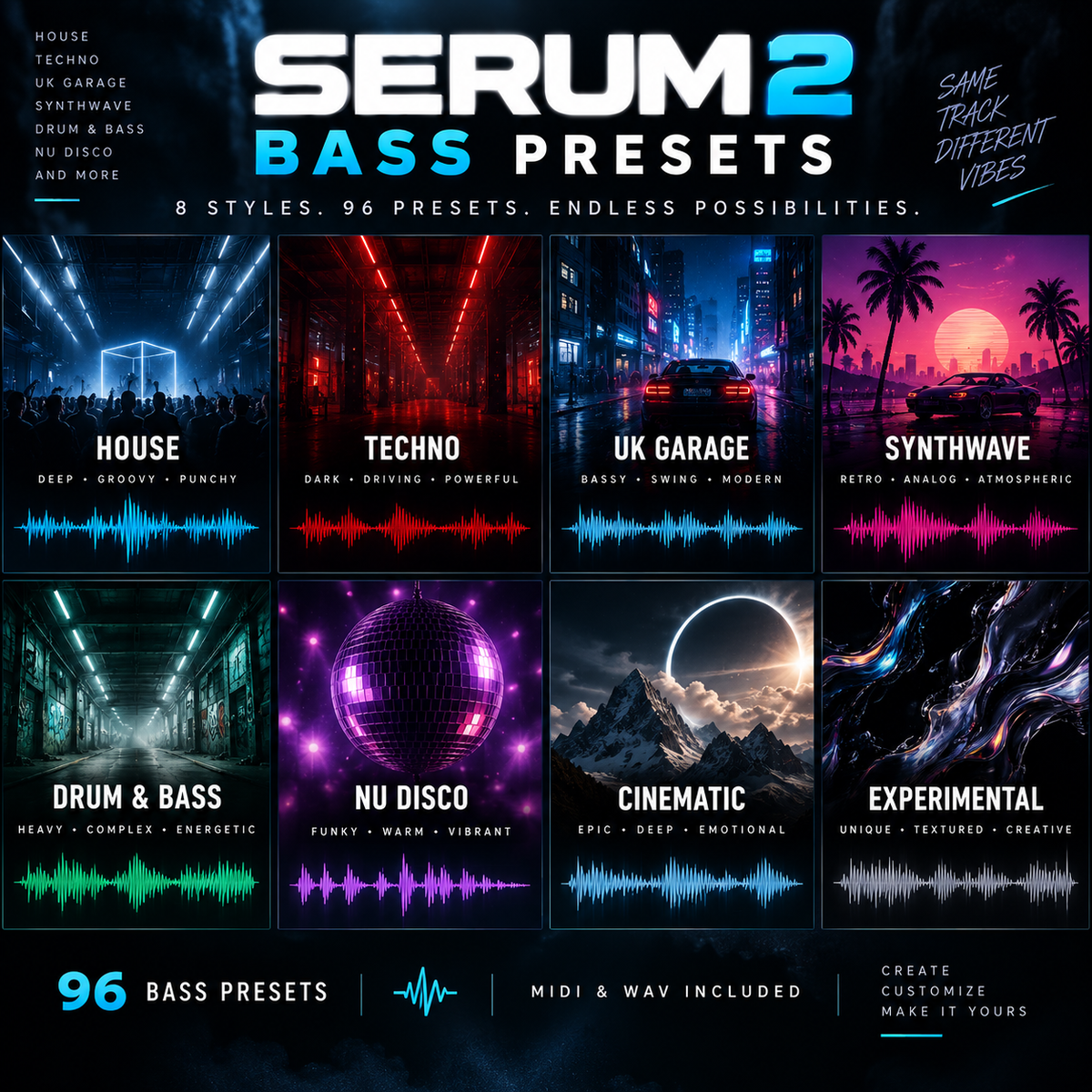 Multiple Serum 2 bass preset styles for House, Techno, UK Garage, Synthwave, Drum & Bass and Nu Disco.