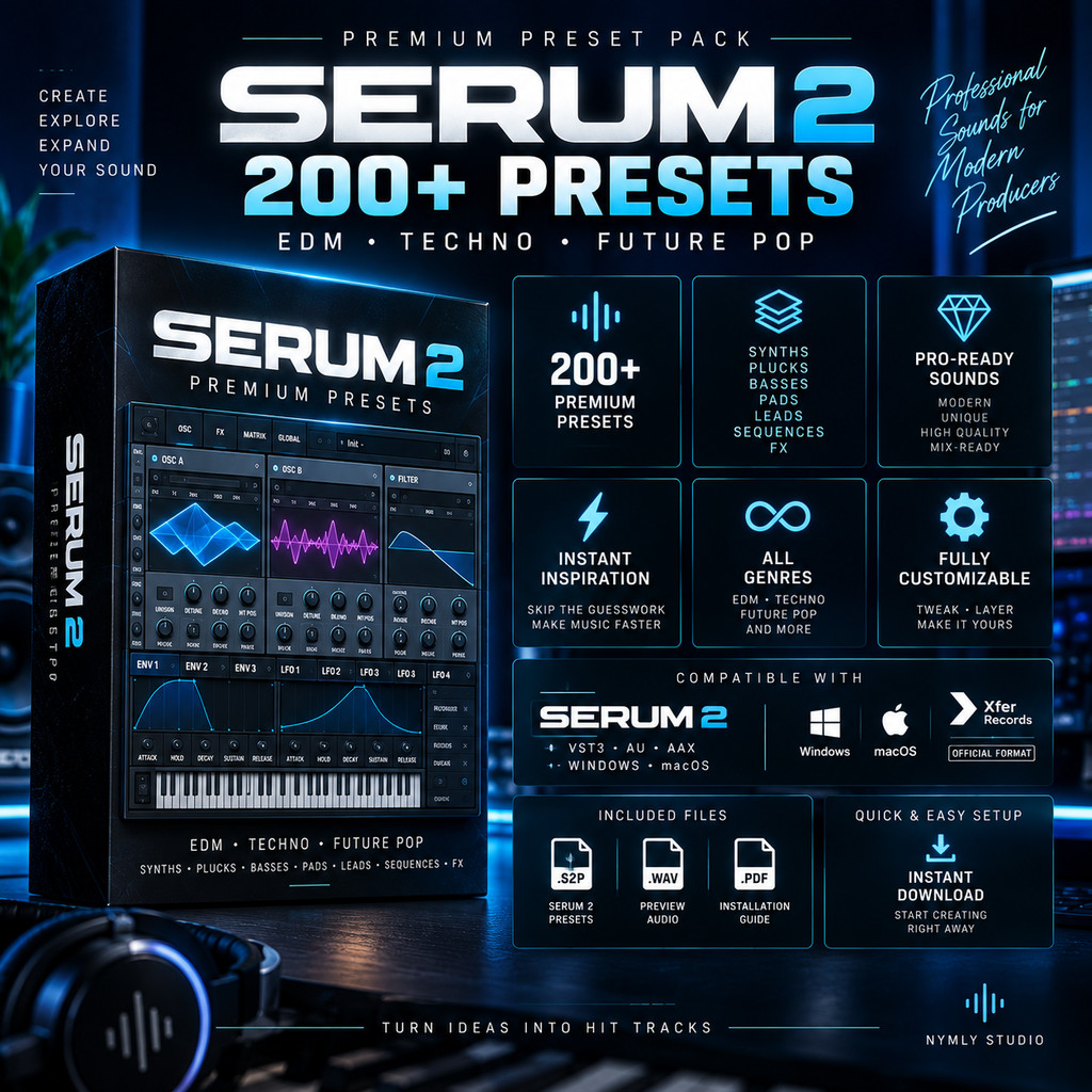 Promotional graphic for Serum 2 Premium Preset Pack, showing a large black software box with multicolor interface graphics, bold white and blue title text, feature icons, compatibility badges, and Nymer Studio branding on a dark blue gradient background.