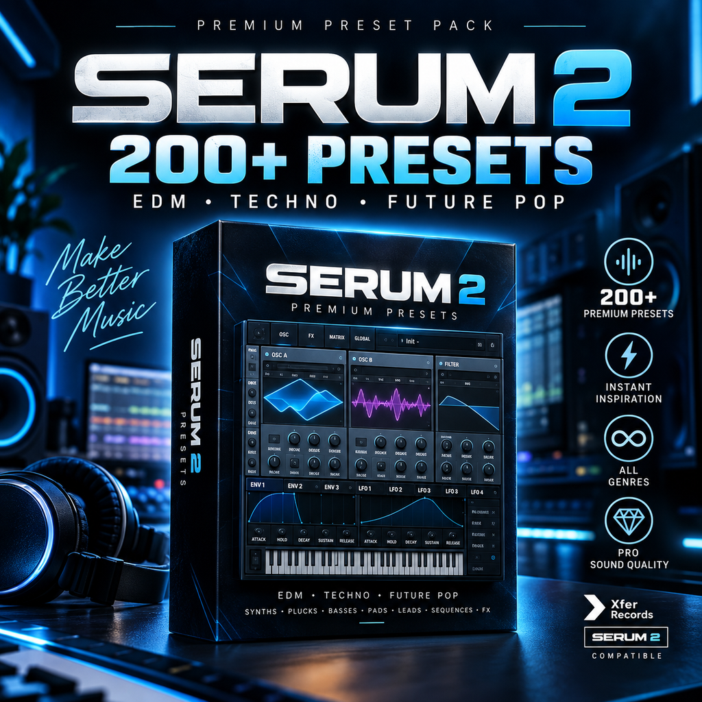 Promotional graphic for Serum 2, a digital music production preset pack. The image shows a large black product box labeled 'SERUM 2 PREMIUM PRESETS' with a piano-key interface graphic on the front, surrounded by headphones and a dark blue futuristic studio background.