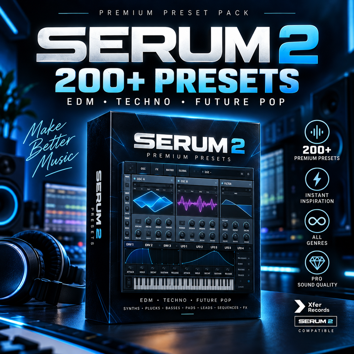 Promotional graphic for Serum 2, a digital music production preset pack. The image shows a large black product box labeled 'SERUM 2 PREMIUM PRESETS' with a piano-key interface graphic on the front, surrounded by headphones and a dark blue futuristic studio background.