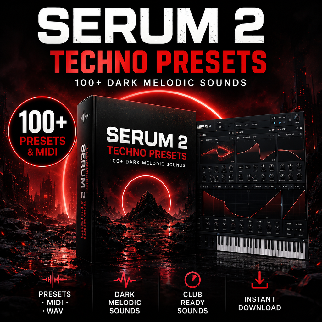 Serum 2 Techno Presets with 100+ presets, MIDI files, WAV samples, DAW compatibility, and royalty-free use.