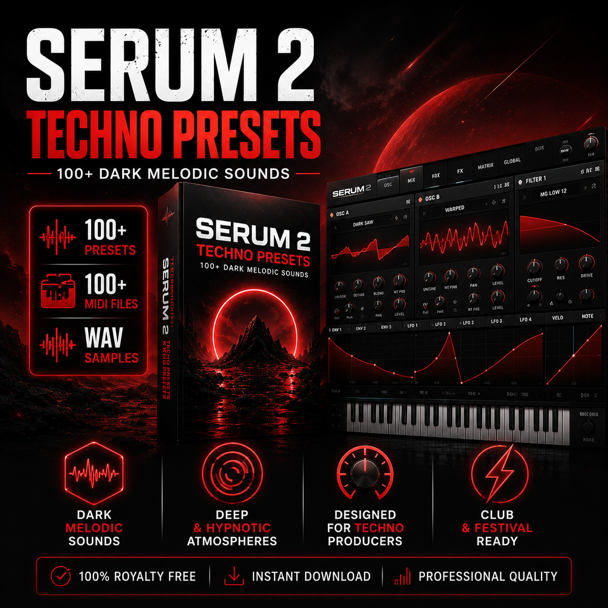 Promotional graphic for Serum 2 Techno Presets, showing a dark red and black software preset pack box, a digital audio workstation interface, and marketing text including '100+ Presets', '100+ Midi Files', and 'WAV Samples'.
