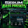 Promotional graphic for Serum Bass Presets, showing a software box cover, a software interface screenshot, large 'SERUM BASS PRESETS' text, and feature icons for 320 presets, WAV bass samples, instant download, and unlimited use. The design uses black, neon green, and white with a dark club-like background.