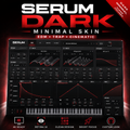 Promotional graphic for the Serum Dark Minimal Skin, showing a dark digital audio workstation interface with red accents, large 'SERUM DARK' text, and feature badges including 'Minimal Skin', 'EDM • TRAP • CINEMATIC', '4K READY', 'RETINA UI', 'CLEAN DESIGN', 'BOOST FOCUS', and 'CUSTOM LOOK'.