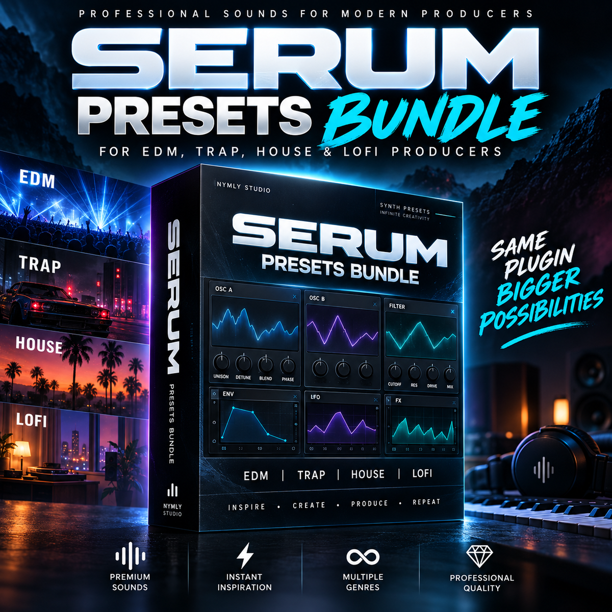 Promotional graphic for the Serum Presets Bundle by Nitty Studio, showing a large software preset box with glowing blue and purple waveform controls, surrounded by music genre cityscape thumbnails and text reading 'SERUM PRESETS BUNDLE' and 'SAME PLUGIN BIGGER POSSIBILITIES.'.