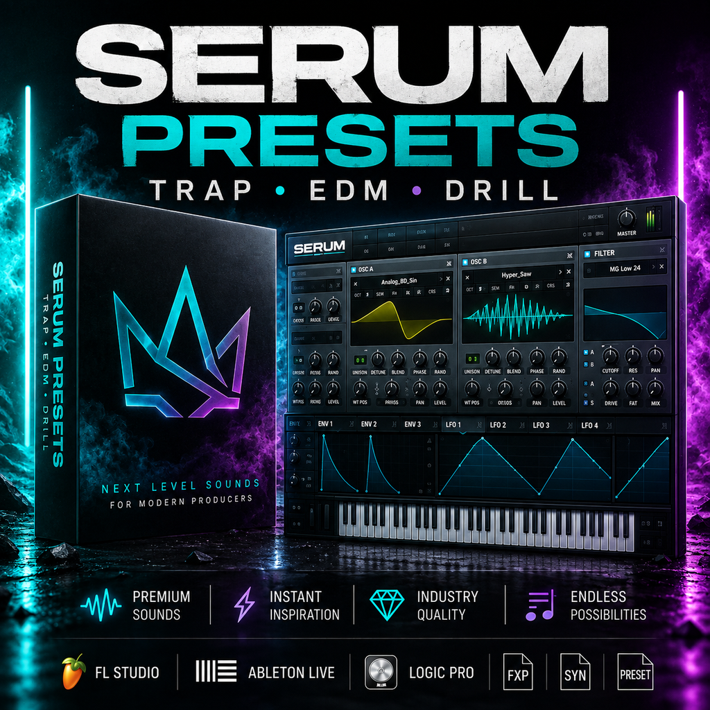 Promotional graphic for Serum Presets, showing a black product box with a neon blue-purple logo, a screenshot of the Serum software interface, and marketing text including 'SERUM PRESETS', 'TRAP • EDM • DRILL', and platform logos for FL Studio, Ableton Live, and Logic Pro.