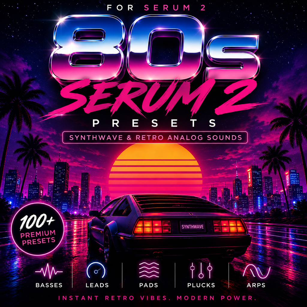 Promotional cover art for Serum 2 presets featuring a neon synthwave city scene with a car, palm trees, and a large orange sun. Bold text reads '80s Serum 2 Presets' with smaller descriptors including 'Synthwave & Retro Analog Sounds,' '100+ Premium Presets,' and feature labels for basses, leads, pads, plucks, and arps.