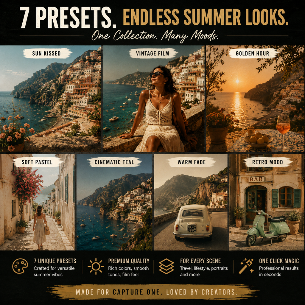 Promotional graphic for a preset pack showing six travel-style photo panels with labels: Sun Kissed, Vintage Film, Golden Hour, Soft Pastel, Cinematic Teal, and Retro Mood. Large text at top reads '7 PRESETS.