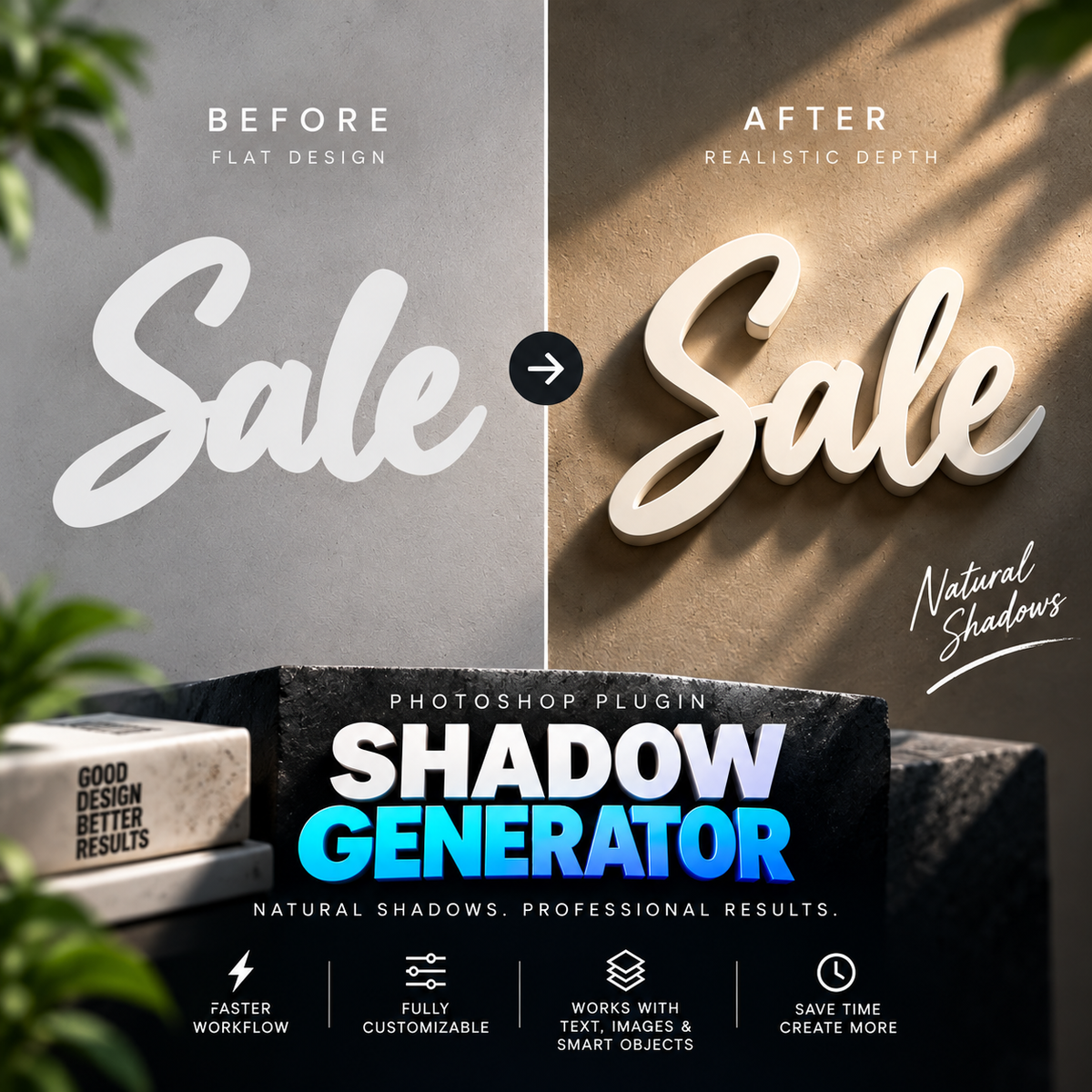 Promotional graphic for a Photoshop plugin called Shadow Generator, showing a before-and-after comparison of text styling with realistic shadows. The left side is labeled 'BEFORE' with flat lighting and white 'Sale' text, while the right side is labeled 'AFTER' with warm directional lighting and white 'Sale' text casting natural shadows.