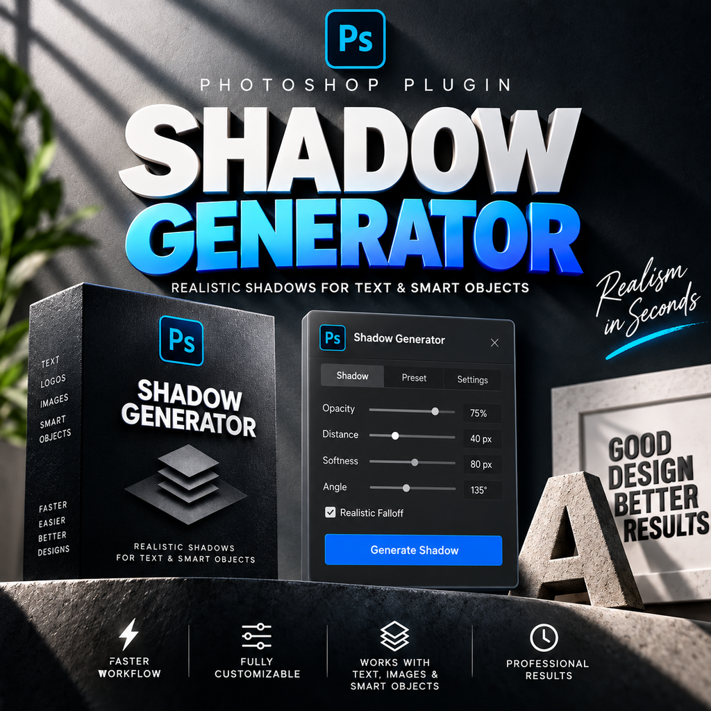 Promotional graphic for a Photoshop plugin called Shadow Generator, showing a product box, a software interface panel, and marketing text on a dark textured background with dramatic shadows.