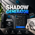 Promotional graphic for a Photoshop plugin called Shadow Generator, showing a product box, a software interface panel, and marketing text on a dark textured background with dramatic shadows.