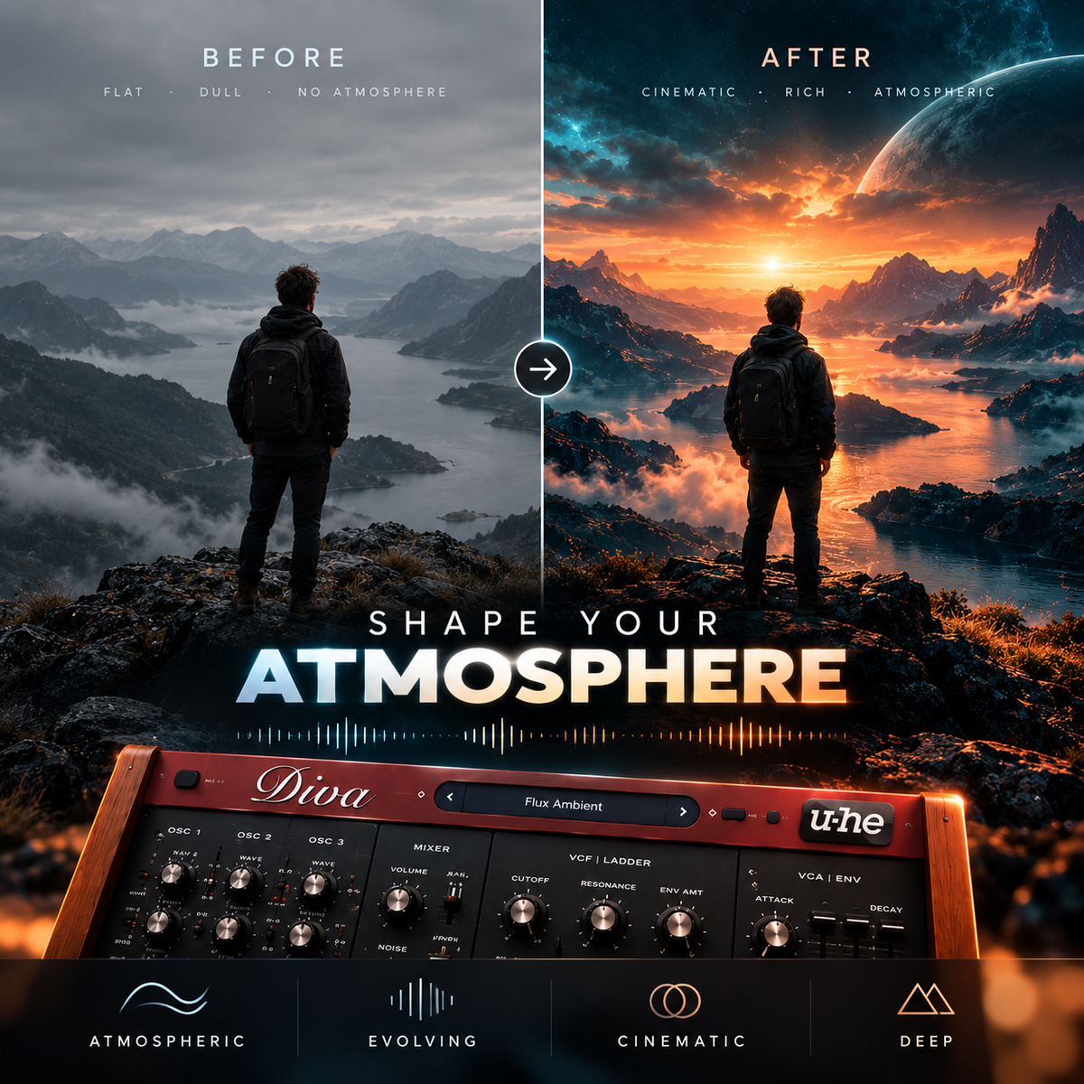Flux Ambient Presets for Diva showcasing a cinematic transformation from a muted mountain atmosphere to vivid teal and orange ambience.