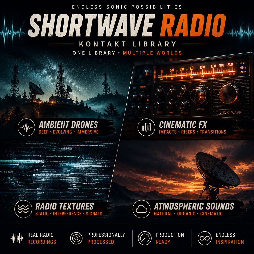 Promotional graphic for Shortwave Radio Kontakt Library, showing four quadrants with dark atmospheric soundscapes: ambient drones at night, cinematic FX effects, radio textures, and atmospheric sounds over a sunset, with the Shortwave Radio logo and Kontakt branding.