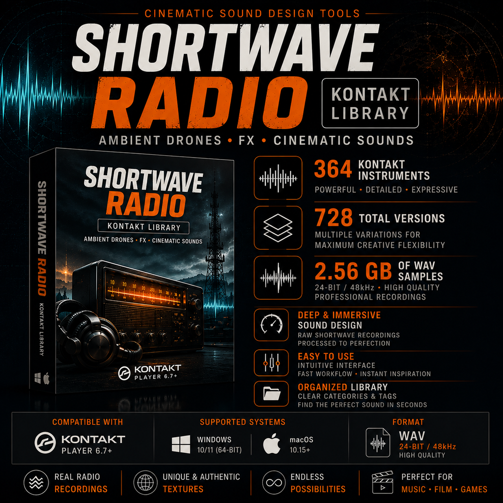 Promotional graphic for Shortwave Radio Kontakt Library sound effects, showing a software box cover, feature callouts with numbers, compatibility logos for Kontakt 6.7, Windows, macOS, and Apple, and waveform graphics on a dark background.