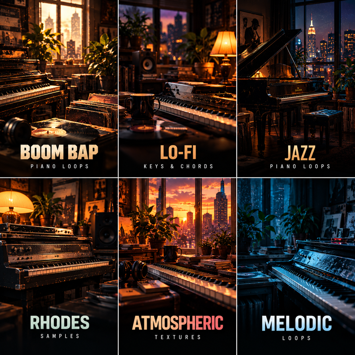 A six-panel collage showing moody piano-loop artwork with city skyline windows, pianos, lamps, and overlaid text reading BOOM BAP, LO-FI, JAZZ, RHODES, ATMOSPHERIC, and MELODIC.