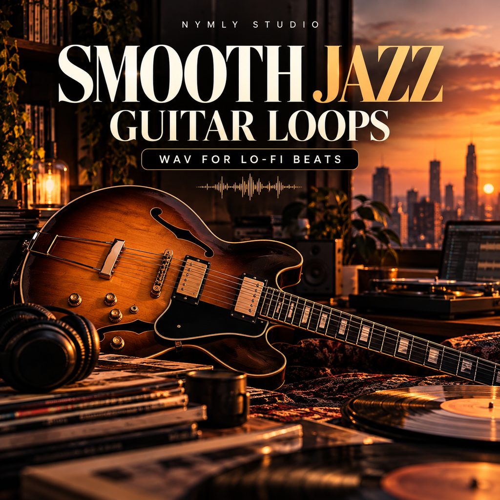 Promotional cover art for 'Smooth Jazz Guitar Loops' by Nymly Studio, featuring a warm sunset cityscape background with a sunburst electric guitar, vinyl records, and headphones in the foreground.
