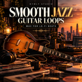 Promotional cover art for 'Smooth Jazz Guitar Loops' by Nymly Studio, featuring a warm sunset cityscape background with a sunburst electric guitar, vinyl records, and headphones in the foreground.