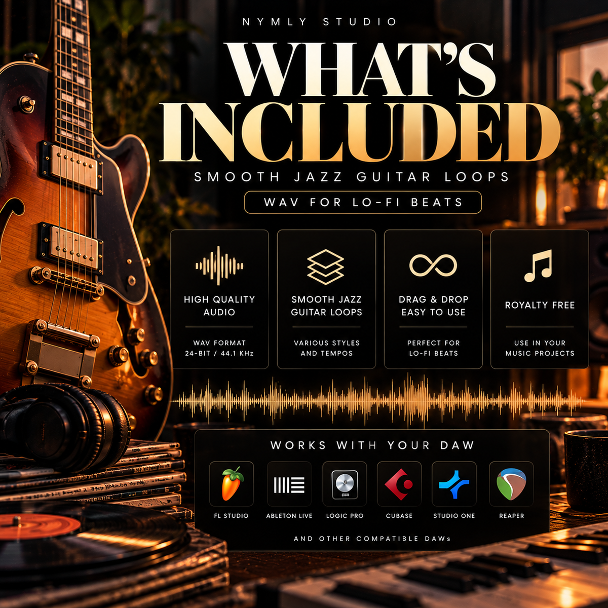 Promotional graphic for a digital product, 'What's Included' for smooth jazz guitar loops compatible with Way for Lo-Fi Beats and DAW. The image features a warm, dark aesthetic with a sunburst electric guitar on the left, a vintage microphone, and a stack of records, with text detailing the included audio qualities and software compatibility.