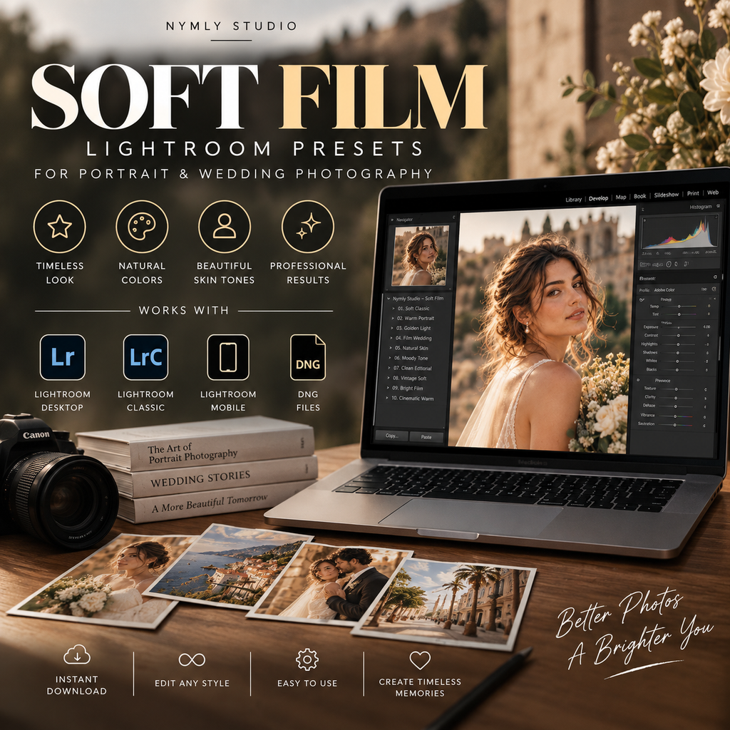 Promotional graphic for 'Soft Film Lightroom Presets' by Nymly Studio, showing a laptop with a portrait photo on screen, a Canon camera, stacked books, and printed photos on a wooden table. Text highlights features like timeless look, natural colors, and professional results, with Lightroom and DMG app logos shown.