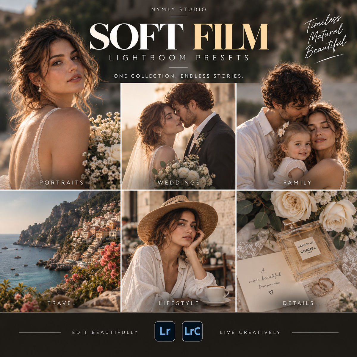 Promotional graphic for Soft Film Lightroom presets by Nymly Studio, featuring six warm-toned lifestyle and travel photo examples with text labels: Portraits, Weddings, Family, Travel, Lifestyle, and Details. The design uses a soft-focus aesthetic with cream, beige, and brown tones, and includes Lightroom and Lightroom Classic logos at the bottom.