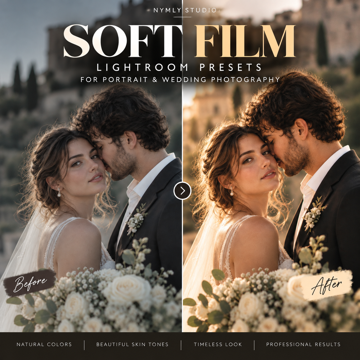 Promotional graphic for 'Soft Film Lightroom Presets' by Nymly Studio, showing a side-by-side comparison of a bride and groom portrait before and after applying the preset. The left side is labeled 'Before' with cooler, natural colors, and the right side is labeled 'After' with warm, golden, soft-focus tones.