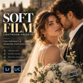 Promotional graphic for Soft Film Lightroom presets, featuring a romantic couple in warm golden-hour light with large text reading 'SOFT FILM' and smaller text 'Lightroom Presets' plus compatibility badges for Lr and LrC.