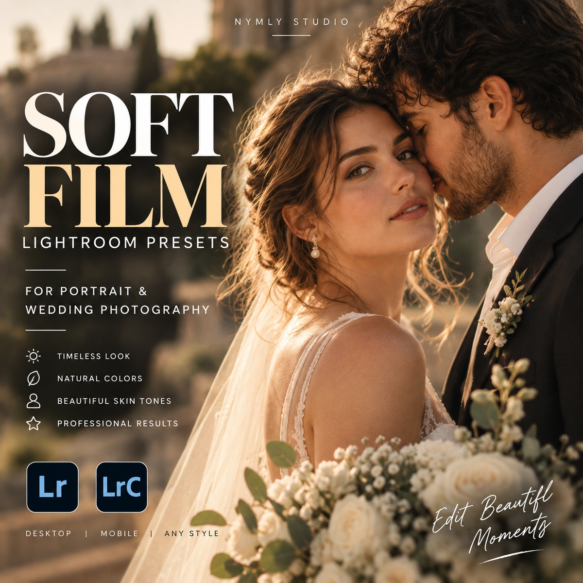 Promotional graphic for Soft Film Lightroom presets, featuring a romantic couple in warm golden-hour light with large text reading 'SOFT FILM' and smaller text 'Lightroom Presets' plus compatibility badges for Lr and LrC.